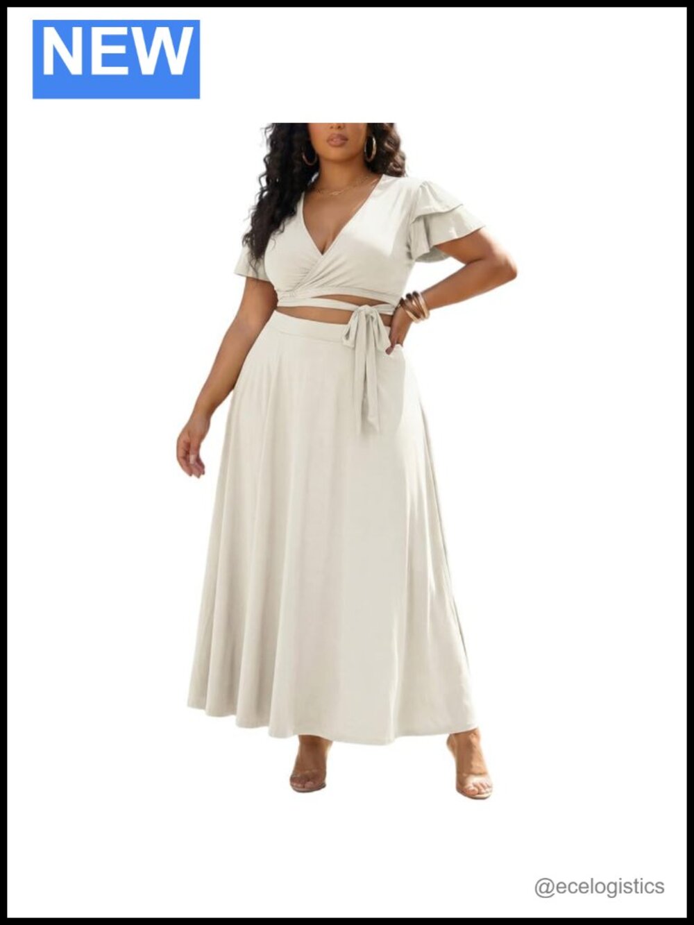 Plus Size 2 Piece Skirt Set V-Neck Peplum Crop Top Maxi Skirt 94% Polyester 6%